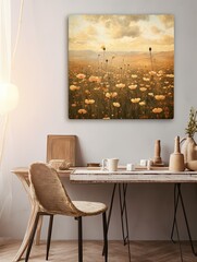 Golden Prairie Sunsets: Vintage Landscape with Wildflower Wall Art