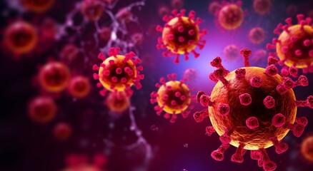 A striking 3D illustration of red and pink virus cells, reminiscent of the coronavirus, against a blurred purple backdrop
