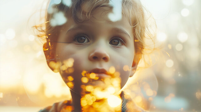 Double exposure portrait image of small child blended with nature in golden afternoon light