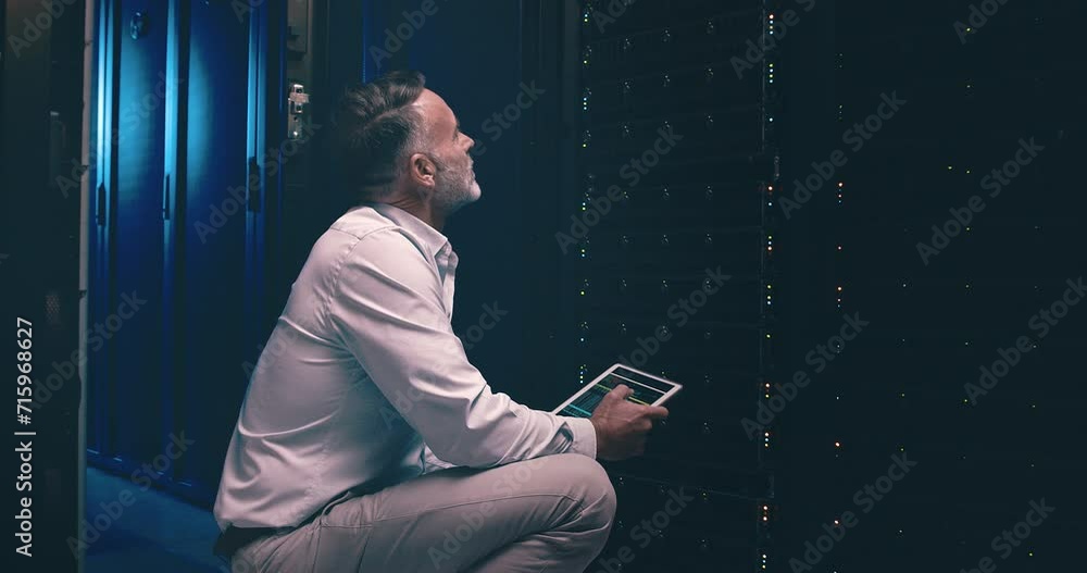 Aufkleber Man in data center with tablet, inspection or network maintenance with engineer in storage for database update. Tech service, system administration and mature technician on digital app in server room