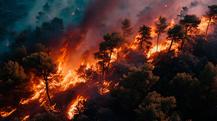 A strong fire in a large area of the forest. An environmental disaster of great proportions. - obrazy, fototapety, plakaty