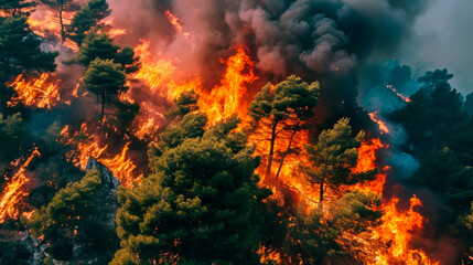 Fototapeta premium A strong fire in a large area of the forest. An environmental disaster of great proportions.