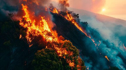 A strong fire in a large area of the forest. An environmental disaster of great proportions.