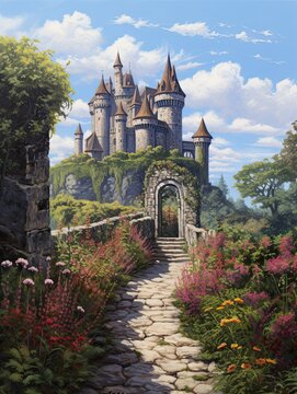 Castle Entrance: Grand Medieval Castles Pathway Painting, Stone Walkway Art