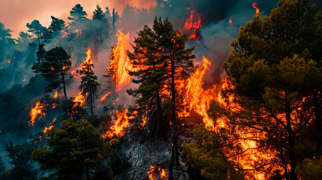 A strong fire in a large area of the forest. An environmental disaster of great proportions.