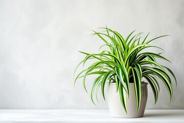 Indoor Houseplant of a Spider Plant in Pot with Space on White Wall Background