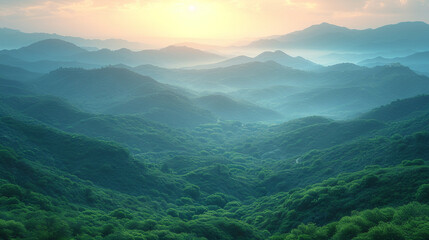Fototapeta premium sunset on the top of the mountains full of green trees