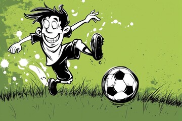 Obraz na płótnie Canvas A cartoon child energetically kicks the soccer ball on a vibrant green background.