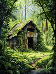 Historic American Barns Rainforest Landscape: Barns amid Trees - Woodland Art Print