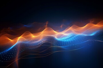 Abstract technology background with network light effect, blue and orange color. Visualization of sound waves. Generative AI