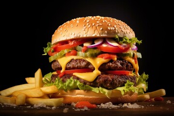 Delicious burger with tomato, lettuce, and fries on a neutral background. Generative AI - obrazy, fototapety, plakaty