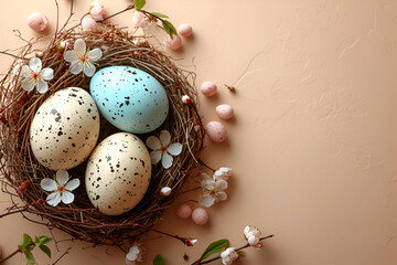 Fototapeta premium Greeting card for Easter, with Easter eggs in a nest on a beige background.