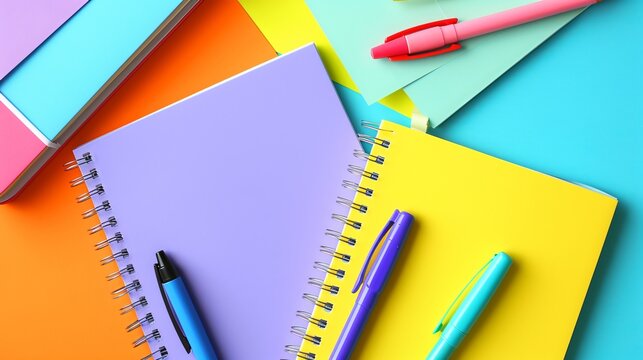 Bright notepads and colored pens on a background of colored paper. Writing accessories. Corporate gifts for office employees. Sunny mood for work. 