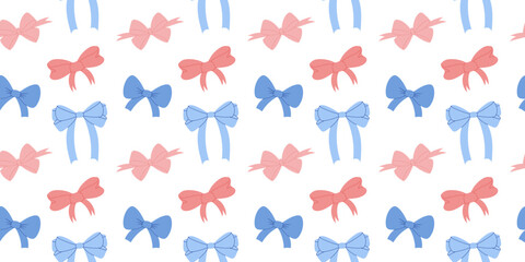 Elegant Seamless Pattern Featuring Simple Pink And Blue Ribbon Bows for Fashion Textile or Wallpaper Background. Vector Illustration for a Baby reveal Party Design