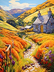 Idyllic English Cottages Mountain Landscape Art in Cottage Valley: Scenic Prints