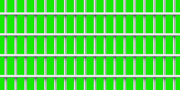 Shiny metal prison bars isolated on green chroma key. Detailed jail cage, prison iron fence. Criminal background mockup. Vector illustration