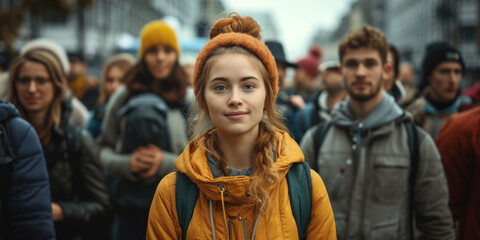 A pretty girl stands with a smile on a busy street. Large group of people walking in the street with focus on girl looking at camera.