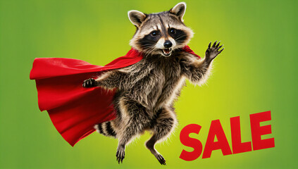 A raccoon has discovered "SALE" and is excited on a lime green background