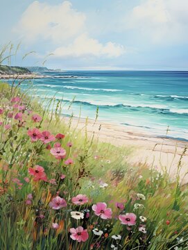 Lush Meadow Blossoms: Beach Scene Painting of a Meadow by the Sea