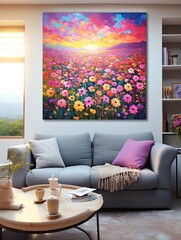 Golden Hour Blossoms: Lush Meadow Sunset Painting with Vibrant Hues