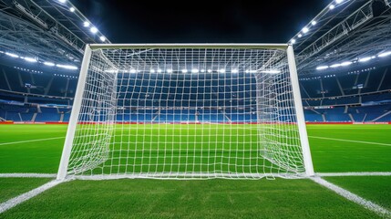 Soccer goal perspective in urban arena.