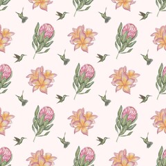 seamless pattern with tropical pink flowers on a pink background