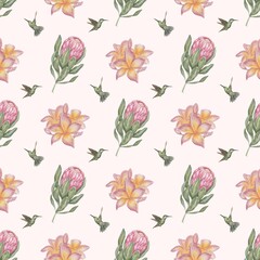 seamless pattern with tropical pink flowers on a pink background