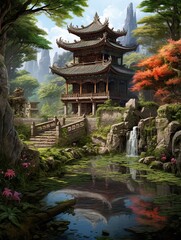 Majestic Asian Temples: Serene Garden Scenes with Enchanting Streams.