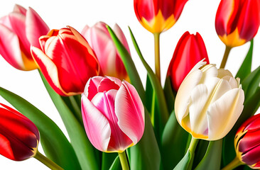 Bouquet of colorful tulips on a white background. Banner card design. Copy place.