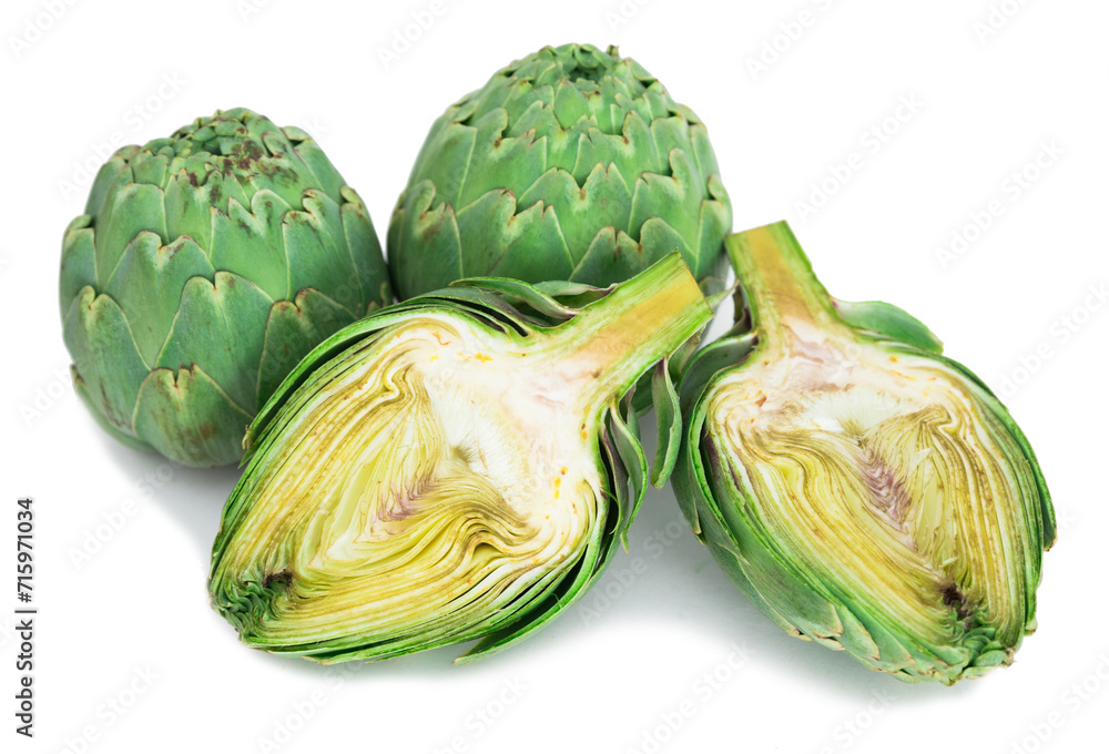 Wall mural Green artichokes on white background