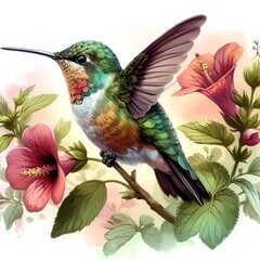 Watercolor marker tropical flower background with humminbird colibri birds. 