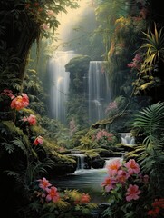 Fototapeta na wymiar Majestic Waterfall Cascades - Botanical Flora Wall Art Surrounding Cascades