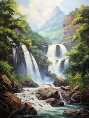 Majestic Waters: A Serene Canvas Print Featuring Cascading Waterfall Backdrop