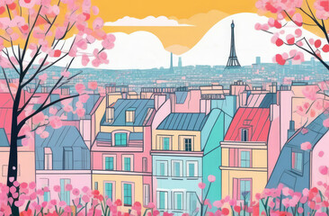 Beautiful view on Eiffel Tower in Paris, spring blossom, romantic travel concept, illustration style of cubism art movement in pastel tones