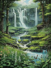Majestic Waterfall Cascades: Green Expanse Painting