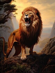 Majestic Wildlife Portraits: Roaring Lion at Dawn - Captivating Digital Painting