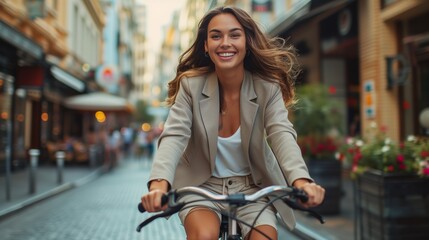 Business elegant woman riding a bicycle in city, tropical climate, daylight.