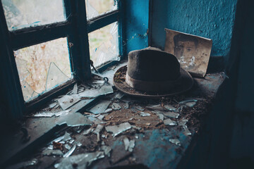 Old abandoned room and old hat and photo on window. Old ruined house. interior of an abandoned house. garbage in abandoned room with windows. Peeling walls, trash on the floor. Room of destroyed house - obrazy, fototapety, plakaty