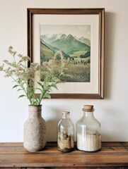 Misty Mountain Peaks Vintage Art Print: Farmhouse Wildflower Decor