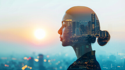 Double Exposure portrait of business woman with city skyline, corporate imagery - obrazy, fototapety, plakaty