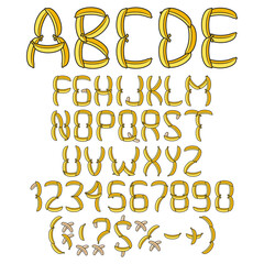 Alphabet, letters, numbers and signs from yellow bananas. Isolated vector objects on white background. - 715972649