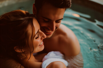 Happy young couple in love in hot tub, spa wellness