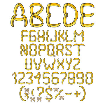 Alphabet, letters, numbers and signs from yellow bananas. Isolated vector objects on white background.