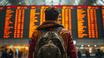 a man with a backpack looking at a flight board in an airport terminal with a lot of numbers on it