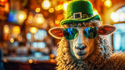 Fototapeta premium Funny Portrait Of a Sheep Donning Stylish Sunglasses and a Festive Green Saint Patrick's Day Hat. In A Pub Background. St Patrick Celebration