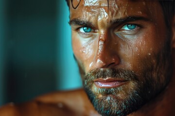 A rugged man with a glistening face and strong features gazes intensely, his defined muscles and full beard conveying a sense of power and determination, as he stands indoors with a stoic expression - obrazy, fototapety, plakaty