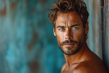 Obraz premium A rugged man with a chiseled jawline and defined muscles gazes confidently at the camera, his piercing eyes conveying a sense of strength and determination