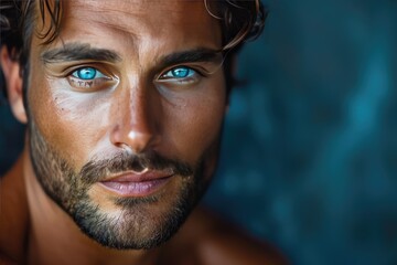 A rugged male portrait captures the intense gaze of a man with piercing blue eyes, his strong jawline and full beard adding to the captivating intensity of his human face - obrazy, fototapety, plakaty