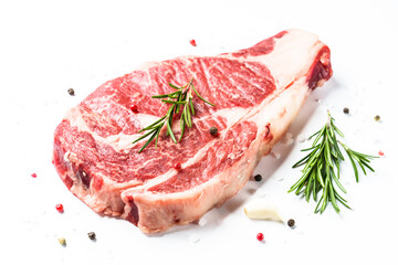 Beef steak. Ribeye steak raw meat on white isolated.
