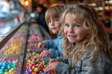 A young girl, dressed in bright clothing, stands eagerly next to a candy machine, her face full of excitement as she chooses her sweet treat beside her, a toddler looks on in awe, both children mesme